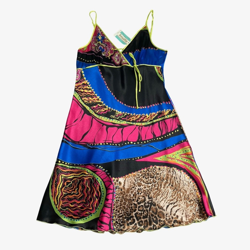 Y2K Sweetie Babydoll Slip Dress L Multicolor Leopard Paisley Satin Maximalist